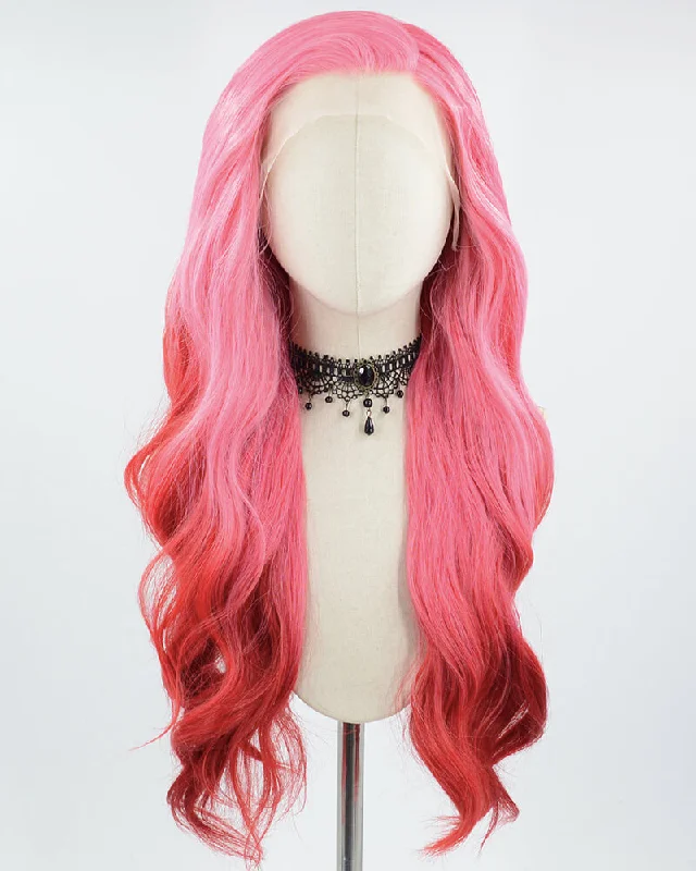 Long - length wig in a jet - black color for a classic appearancePink Ombre Red Wavy Synthetic Lace Front Wig WW691