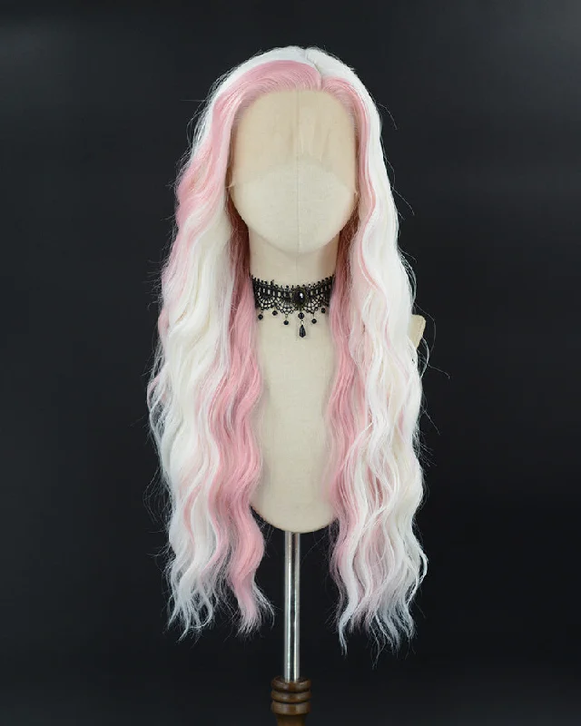 Long - length wig with a middle - part for a classic and elegant stylePink White Curly Synthetic Lace Front Wig WW722