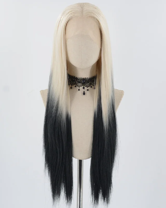 Long - length wig with a curly texture for a bold and stylish choicePlatinum Blonde Ombre Black Synthetic Lace Front Wig WW784