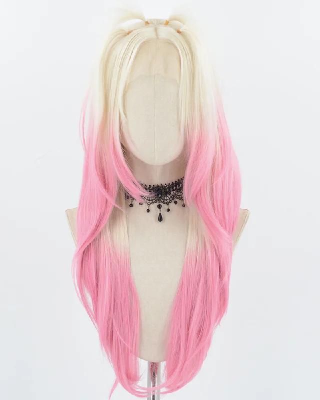 Long - length wig with a heat - resistant formula for easy styling at homePlatinum Blonde Ombre Pink Synthetic Lace Front Wig WW735