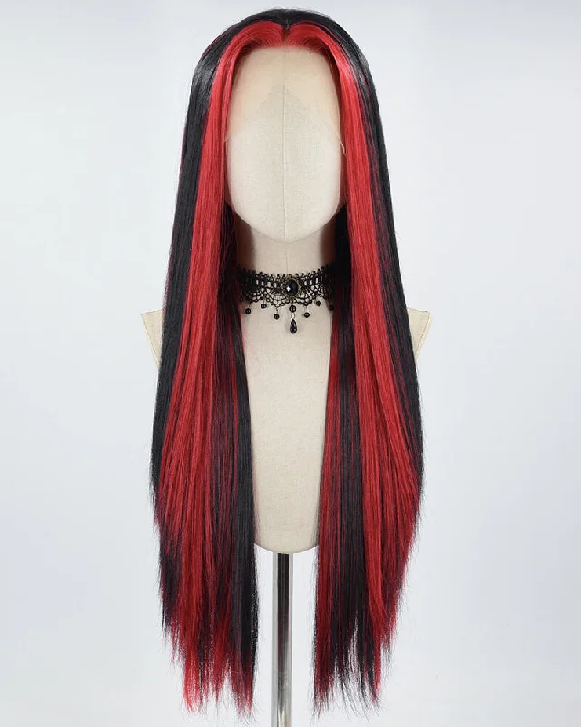 Long - length wig with a 220 - density for an extra - full appearanceRed Black Long Straight Synthetic Lace Front Wig WW689