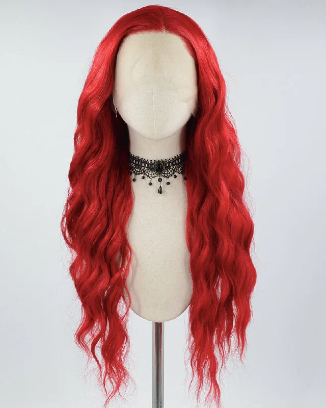 Long - length wig with a wispy fringe for a soft and feminine lookRed Curly Long Synthetic Lace Front Wig WW705