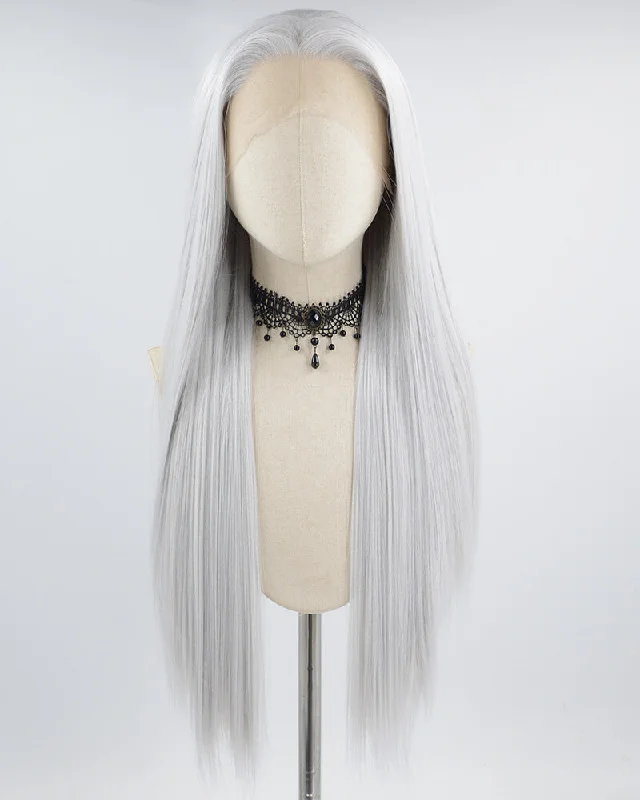 Long - length wig with a side - swept bang for a sophisticated lookSilver Grey Long Straight Synthetic Lace Front Wig WW702