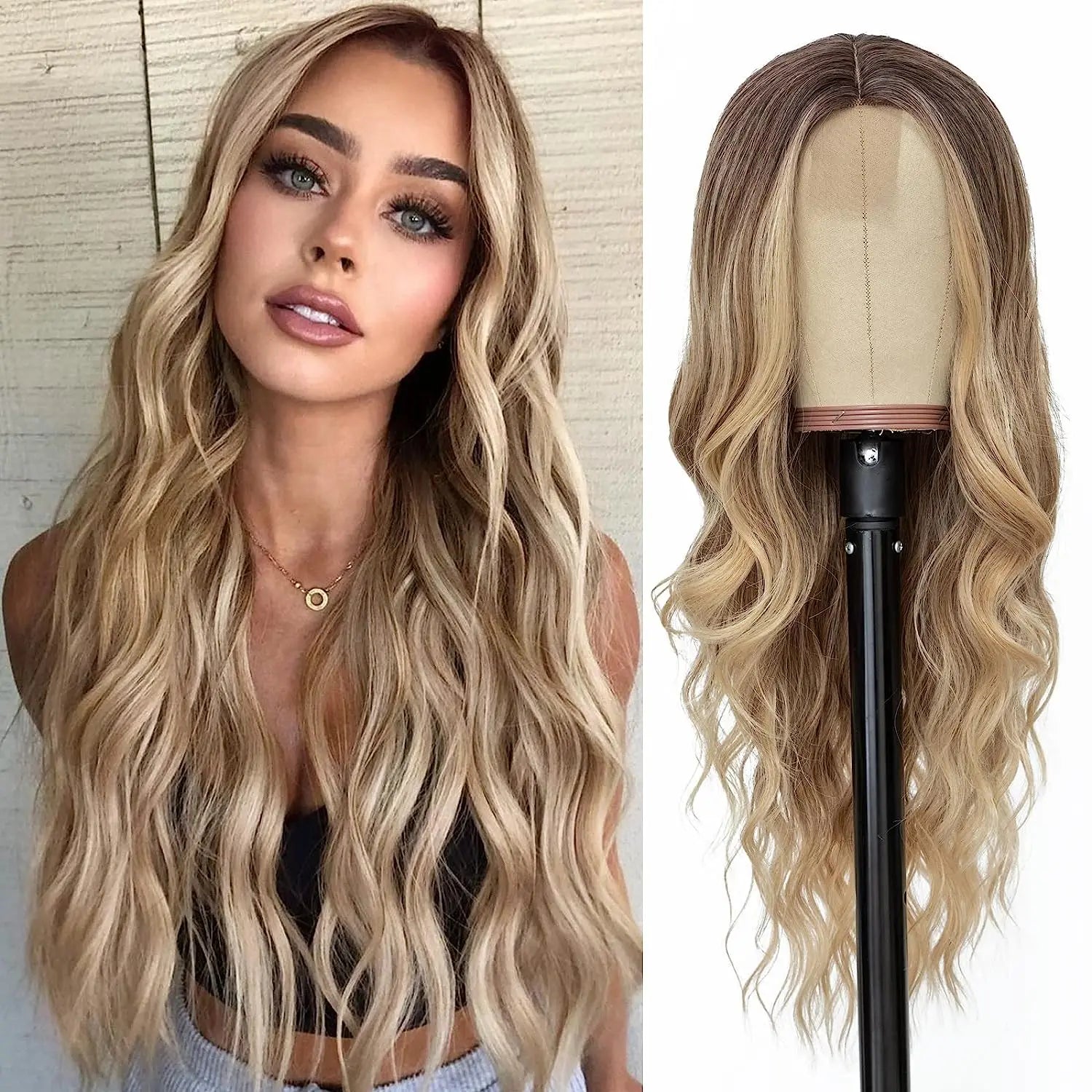 Long - length wig with a straight texture for a sleek and glamorous lookSynthetic Long Lace Ombre Blonde Wavy Wig for Women 26 Inch Middle Part