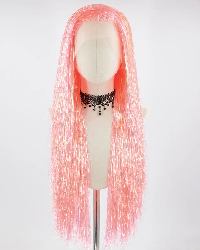 Long - length wig with a curly texture for a bold and stylish choiceTinsel Pink Long Lace Front Wig WW693