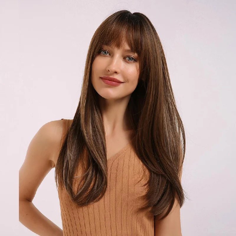 Adjustable - cap long - length wig for a comfortable fitWarm Brown With Highlights Synthetic Wig - Miya