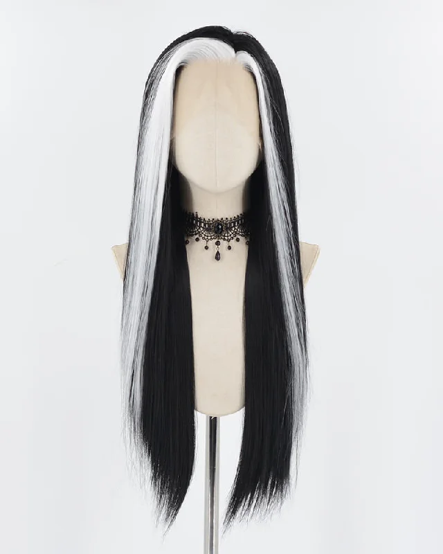 Long - length wig with a platinum - blonde color for a bold and trendy lookWhite Black Synthetic Lace Front Wig WW723