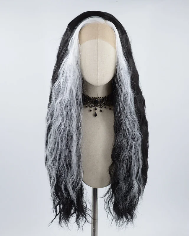 Long - length wig with a straight texture for a sleek and glamorous lookWhite Streaked Black Synthetic Lace Front Wig WW500