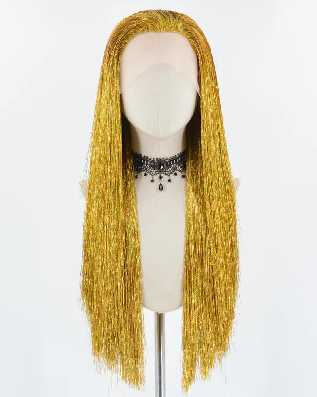 Long - length wig in a jet - black color for a classic appearanceYellow Tinsel Straight Lace Front Wig WW714